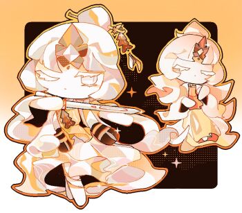 Rule 34 | 1girl, chinese clothes, cookie run, cookie run: kingdom, diamond (gemstone), holding, holding sword, holding weapon, long sleeves, mystic flour cookie, pale skin, robe, solo, sword, traffic-mo4, weapon, white hair, white robe, wide sleeves