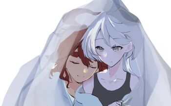 2girls black_tank_top closed_eyes closed_mouth commentary grey_eyes gundam gundam_suisei_no_majo hashtag-only_commentary head_on_another&#039;s_shoulder highres kayumikayumi long_hair miorine_rembran multiple_girls red_hair shared_blanket simple_background smile suletta_mercury tank_top thick_eyebrows white_background white_hair yuri