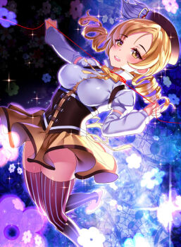 1girl beret black_corset black_hat black_thighhighs blonde_hair blush breasts commentary_request corset drill_hair feathers female_focus flower gendo0032 hat holding holding_string large_breasts long_sleeves magical_girl mahou_shoujo_madoka_magica mahou_shoujo_madoka_magica_(anime) medium_hair puffy_sleeves shirt skirt solo string striped_clothes striped_thighhighs teeth thighhighs tomoe_mami tomoe_mami_(magical_girl) twin_drills twintails upper_teeth_only vertical-striped_clothes vertical-striped_thighhighs white_shirt yellow_eyes yellow_skirt