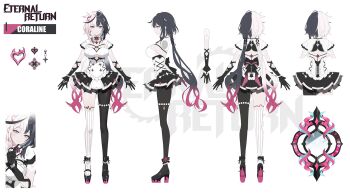 1girl black_bow black_gloves black_hair black_pantyhose black_shoes black_survival bow breasts cleavage clothing_cutout concept_art coraline_(black_survival) dress earrings eternal_return:_black_survival flower_ornament gloves hair_ornament heart heart_hair_ornament high_heels highres jewelry large_breasts long_hair multicolored_hair multiple_views necklace official_art pantyhose pink_eyes reference_sheet shoes single_leg_pantyhose single_thighhigh smile split-color_hair streaked_hair thighhighs twintails underboob underboob_cutout very_long_hair white_dress white_hair white_thighhighs
