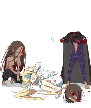 1girl 2boys 8_humi amputee armless_amputee barefoot black_cloak blonde_hair blood brown_hair cloak commentary_request crying decapitation distress dress green_eyes hands_on_own_head highres lye_batenkaitos lying missing_eye multiple_boys on_side open_mouth re:zero_kara_hajimeru_isekai_seikatsu roy_alphard rui_arneb sharp_teeth sidelocks simple_background smile spoilers teeth white_background white_dress