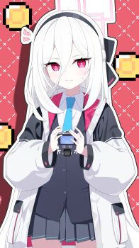 1girl absurdres black_hairband black_vest blue_archive blue_necktie blush closed_mouth collared_shirt commentary_request grey_skirt hair_between_eyes hairband halo highres jacket kei_(blue_archive) kei_(orange_robot)_(blue_archive) kei_(student)_(blue_archive) korean_commentary long_hair long_sleeves necktie open_clothes open_jacket outline pixelated pleated_skirt puffy_long_sleeves puffy_sleeves red_background red_eyes shirt skirt small_sweatdrop sprout_(haji_s) sweat very_long_hair vest white_hair white_outline white_shirt