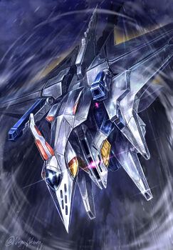 Rule 34 | beam cannon, canopy (aircraft), commentary request, flying, glint, gundam, gundam hathaway's flash, highres, keselum (neganeura), mecha, mecha focus, mobile suit, motion lines, no humans, penelope (hathaway's flash), robot, science fiction, speed lines, twitter username