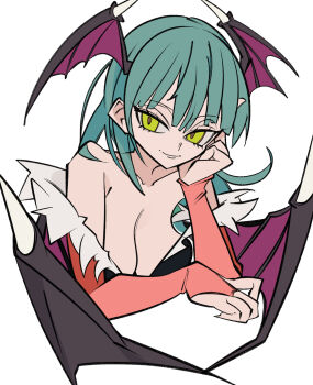 1girl bare_shoulders breasts bridal_gauntlets cleavage cxdotchison darkstalkers green_hair head_on_hand head_wings highres morrigan_aensland solo white_background wings yellow_eyes