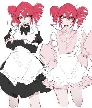 1girl apron black_bow black_bowtie black_choker black_dress blush bow bowtie choker closed_mouth collared_jacket crossed_arms dress embarrassed frilled_apron frilled_dress frills frown furrowed_brow hair_between_eyes hair_ribbon highres jacket kasane_teto kasane_teto_(sv) long_sleeves low-tied_sidelocks pink_jacket red_eyes red_hair ribbon short_hair sidelocks simple_background sleeves_past_wrists sweatdrop synthesizer_v ummwa waist_apron white_apron white_background white_ribbon