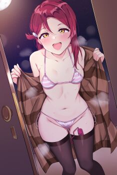 1girl :d absurdres bikini bikini_under_clothes black_thighhighs blush breasts breasts_apart brown_coat coat collarbone commentary_request discreet_vibrator doorway exhibitionism female_pervert flashing hair_between_eyes hair_ornament hairclip highres linatai long_hair looking_at_viewer love_live! love_live!_sunshine!! moon navel night object_insertion open_clothes open_coat open_door open_mouth pervert pink_bikini pov_doorway public_indecency pussy_juice red_hair sakurauchi_riko sex_toy sky small_breasts smile solo striped_bikini striped_clothes sweat swimsuit teeth thighhighs upper_teeth_only vaginal vaginal_object_insertion vibrator vibrator_cord vibrator_in_thighhighs vibrator_under_clothes yellow_eyes