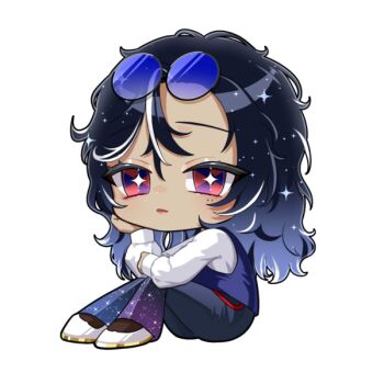 1girl black_hair blue-tinted_eyewear blue_hair bondlive chibi chibi_only dark-skinned_female dark_skin eyewear_on_head gradient_hair long_sleeves looking_at_viewer multicolored_eyes multicolored_hair official_art puffy_long_sleeves puffy_sleeves purple_eyes red_eyes shirt shoes simple_background sitting sola_roulette solo starry_sky_print streaked_hair tinted_eyewear transparent_background virtual_youtuber white_hair white_shirt white_shoes
