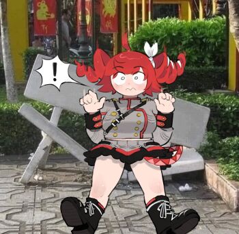 ! 0w0 black_shoes blush breasts broken_chair drill_hair fat fat_joke grass grey_shirt grey_skirt hands_up highres kasane_teto kasane_teto_(sv) large_breasts long_sleeves meme mitsuko_tan photo_background red_hair shirt shoes skirt synthesizer_v tree twin_drills utau vietnam