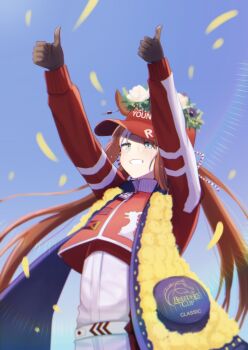 1girl absurdres animal_ears baseball_cap breeders&#039;_cup cowboy_shot forever_young_(racehorse) hat highres horse_ears horse_girl logo long_hair original personification rukaruka_ek thumbs_up
