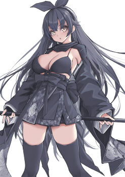 1girl :o alternate_costume bikini bikini_top_only black_hair black_hairband black_sash black_shrug bow bow_hairband breasts cleavage commentary_request dark_persona double-parted_bangs floral_print flower_knight_girl foot_out_of_frame front-tie_bikini_top front-tie_top furisode_sleeves hair_between_eyes hair_bow hairband highres holding holding_polearm holding_weapon japanese_clothes kimono kintarou_(kintarou's_room) large_breasts layered_sleeves legs_apart long_hair long_sleeves looking_at_viewer making-of_available manaita_obi miniskirt parted_lips polearm sash shrug_(clothing) simple_background skirt solo swimsuit thighhighs thighs tsukimisou_(flower_knight_girl) underbust v-shaped_eyebrows weapon white_background wide_sleeves yellow_eyes zettai_ryouiki