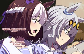 2girls animal_ears blue_eyes blush bow bowl braid brother_may_i_have_some_oats_(meme) brown_hair chewing closed_mouth collarbone ear_bow ear_ornament eating food grey_hair hair_between_eyes hair_ornament hairband highres hinghoi holding holding_spoon horse_ears horse_girl long_hair meme multicolored_hair multiple_girls oguri_cap_(umamusume) open_mouth purple_bow purple_eyes purple_shirt sailor_collar sailor_shirt school_uniform shirt short_hair special_week_(umamusume) spoon tracen_school_uniform two-tone_hair umamusume upper_body white_hair white_sailor_collar