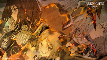 3girls arknights blonde_hair brown_hair burning cloak coat commentary copyright_logo copyright_notice english_commentary fire grin highres hiranko horns ifrit_(arknights) logo long_hair multiple_girls official_art orange_eyes photo_(object) rhine_lab_logo saria_(arknights) sharp_teeth short_hair silence_(arknights) smile teeth white_coat white_hair