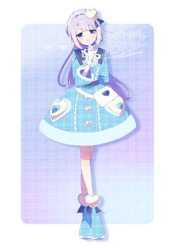 1girl alternate_costume arm_behind_back bare_legs blue_boots blue_dress blue_eyes blue_ribbon blue_sailor_collar boots border bow brooch buttons center_frills closed_mouth collared_shirt crossed_ankles dot_nose dress finger_to_mouth footwear_ribbon frills full_body fur-trimmed_dress fur-trimmed_sleeves fur_trim grey_hair hair_intakes hair_ornament hair_ribbon heart heart-shaped_sleeves heart_brooch heart_button heart_hair_ornament high_collar highres jewelry knees light_blush long_hair long_sleeves low_ponytail magia_record:_mahou_shoujo_madoka_magica_gaiden mahou_shoujo_madoka_magica medium_dress neck_ribbon outside_border plaid_bow plaid_clothes plaid_dress plaid_footwear pocket ponytail purple_background ribbon ribbon_trim sailor_collar serizawa_serizane shadow shirt shirt_under_shirt smile solo standing twitter_username unmoving_pattern very_long_hair waist_bag watermark white_bag white_border white_shirt yakumo_mitama