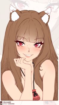 1girl absurdres animal_ear_fluff animal_ears artist_name blunt_bangs blush brown_hair commentary english_commentary fang grin highres holo likunea long_hair looking_at_viewer neck_pouch nude parted_lips patreon_logo patreon_username pouch red_eyes sidelocks smile spice_and_wolf twitter_username twitter_x_logo upper_body wolf_ears wolf_girl zoom_layer