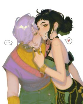 Rule 34 | 1boy, 1girl, arm pouch, arm warmers, blush, double bun, earrings, eyeshadow, hair bun, hair over one eye, hashtag-only commentary, heart, highres, jewelry, kiss, kissing cheek, kpop demon hunters, makeup, mole, mystery (kpop demon hunters), one eye closed, parted lips, purple hair, rina4rt, short hair, sidelocks, simple background, spoken heart, turtleneck, twitter username, white background, zoey (kpop demon hunters)