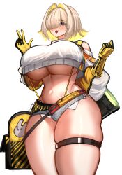 Rule 34 | 1girl, :d, ahoge, black gloves, blonde hair, blush, breasts, clothing cutout, crop top, cropped sweater, elegg (nikke), exposed pocket, gloves, goddess of victory: nikke, grey shorts, hair intakes, hair over eyes, huge breasts, long bangs, long sleeves, micro shorts, multicolored clothes, multicolored gloves, multicolored hair, navel, open mouth, purple eyes, reyarths, short hair, shorts, shoulder cutout, skindentation, smile, solo, suspender shorts, suspenders, thigh strap, thighs, two-tone hair, underboob, v, yellow gloves
