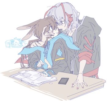 2girls amiya_(arknights) animal_ears antennae arknights ascot black_coat black_jacket blue_ascot blue_eyes brown_hair cellphone coat grey_shirt hamha_s hand_on_another&#039;s_face horns jacket jewelry looking_at_another multiple_girls multiple_rings open_mouth paper parted_lips phone rabbit_ears red_nails ring scar scar_on_arm shirt simple_background smartphone w_(arknights) white_background yuri