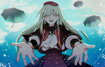 Rule 34 | 1girl, ascot, bang dream!, bang dream! it's mygo!!!!!, beret, black capelet, black skirt, blush, brooch, capelet, earrings, green hair, hat, highres, jewelry, long hair, looking at viewer, maybecrosswise, mortis (bang dream!), mortis (costume) (bang dream!), mortis (persona) (bang dream!), open mouth, reaching, reaching towards viewer, red hat, red shorts, shorts, skirt, solo, teeth, umbrella, upper teeth only, wakaba mutsumi, white ascot