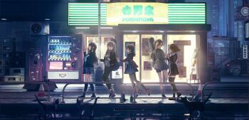 5girls ahoge aijotooko aqua_necktie awa_subaru black_choker black_dress black_hair black_jacket black_pants black_pantyhose black_shoes black_socks black_thighhighs blue_skirt bottle brown_eyes brown_hair brown_jacket car cat choker closed_eyes coca-cola commentary condenser_unit crate cup dress drinking_straw drinking_straw_in_mouth ebizuka_tomo girls_band_cry grey_eyes grey_hair grey_shorts guitar_case hair_between_eyes hand_up highres holding holding_cup hood hood_down hooded_jacket instrument_case instrument_on_back iseri_nina jacket kawaragi_momoka kneehighs long_hair low_twintails motor_vehicle multiple_girls necktie night open_clothes open_jacket open_mouth outdoors pants pantyhose plaid_clothes plaid_skirt pleated_skirt red_eyes red_jacket rupa_(girls_band_cry) school_uniform shirt shoes short_hair short_twintails shorts sidelocks sidewalk skirt socks thighhighs twintails vending_machine walking white_shirt yawning yoshinoya_(restaurant) zettai_ryouiki