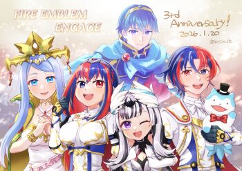 Rule 34 | 1other, 2boys, 3girls, anniversary, black hair, blue eyes, blue hair, bow, bowtie, breasts, commentary request, crossed bangs, female alear (fire emblem), fire emblem, fire emblem engage, hair between eyes, heterochromia, kszm fe, large breasts, long hair, looking at viewer, lumera (fire emblem), male alear (fire emblem), marth (fire emblem), multicolored hair, multiple boys, multiple girls, nintendo, open mouth, purple eyes, red bow, red bowtie, red eyes, red hair, sommie (fire emblem), split-color hair, two-tone hair, veyle (fire emblem), white hair