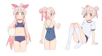 1girl ahoge arm_at_side ass ball bare_arms bare_legs bare_shoulders blue_one-piece_swimsuit blush brown_eyes child choker commentary cropped_legs double_bun earrings flat_ass flat_chest gym_shirt hair_between_eyes hair_bun hair_ribbon hair_up highres jewelry karubi_(karubi465558) kneehighs long_hair looking_at_viewer midriff multiple_views navel new_school_swimsuit one-piece_swimsuit onii-chan_wa_oshimai! oyama_mahiro pink_choker pink_hair red_ribbon ribbon school_swimsuit shirt short_sleeves simple_background smile soccer_ball socks swimsuit very_long_hair white_background white_shirt white_socks