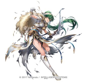 Rule 34 | 1girl, armor, arrow (projectile), battle damage, blush, boots, bow (weapon), breasts, cape, clenched teeth, commentary request, damaged, dress, earrings, fire emblem, fire emblem: the blazing blade, fire emblem heroes, fur-trimmed cape, fur cape, fur trim, gloves, green eyes, green hair, high ponytail, holding, holding arrow, holding bow (weapon), holding weapon, jewelry, long hair, looking at viewer, lyn (fire emblem), lyn (lady of the wind) (resplendent) (fire emblem), medium breasts, nintendo, official alternate costume, official art, parted lips, ponytail, quiver, scabbard, sheath, side slit, solo, sword, teeth, thighs, torn clothes, tsugutoku, weapon, white boots, white dress, white gloves