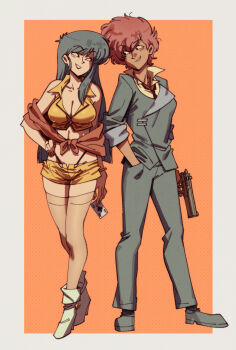 2girls ace_(playing_card) ace_of_spades blue_hair border breasts card cleavage cosplay cowboy_bebop dirty_pair eye_contact faye_valentine faye_valentine_(cosplay) formal_clothes full_body gun gutalalaman hand_in_pocket hand_on_own_hip handgun highres holding holding_card holding_gun holding_weapon kei_(dirty_pair) large_breasts lipstick long_hair looking_at_another makeup medium_hair multiple_girls necktie orange_background pants playing_card red_hair shoes short_shorts shorts simple_background spade_(shape) spike_spiegel spike_spiegel_(cosplay) suit thighhighs weapon white_border yuri_(dirty_pair)