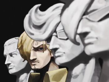 4boys blonde_hair collared_shirt curly_eyebrows facial_hair frown gloom_(expression) goatee highres iam_san3 looking_ahead looking_at_viewer male_focus marble_(stone) marble_sculpture multiple_boys mustache_stubble one_piece quadruplets sanji_(one_piece) serious shirt short_hair statue stubble sunglasses symbolism upper_body vinsmoke_ichiji vinsmoke_niji vinsmoke_yonji