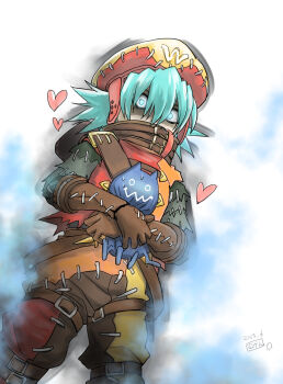 .hack// .hack//g.u. 1boy aqua_eyes aqua_hair azure_kite belt belt_collar blue_fire brown_belt brown_gloves chim_chim collar fire gloves glowing glowing_eyes hat heart highres hug hugging_object leg_belt male_focus mugenegg multiple_belts orange_hat patchwork_clothes shaded_face signature stitched_pants stitched_sleeves stitches sweat thigh_belt thigh_strap white_background