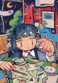 1girl blister_pack blue_hair commentary creature crescent_moon cup eraser food fruit hand_up hito_(nito563) holding indoors long_sleeves magnifying_glass mandarin_orange medium_hair moon mug original pencil shirt solo sparkle striped_clothes striped_shirt window |_|