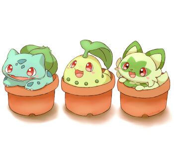 animal_focus blush blush_stickers bulbasaur cat chikorita flower_pot gen_1_pokemon gen_2_pokemon green_fur highres leaf mimix nintendo no_humans open_mouth plant pokemon pokemon_(creature) pokemon_focus red_eyes simple_background smile sprigatito