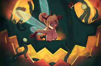 1girl alternate_costume blonde_hair breasts cleavage commentary demon_costume demon_horns english_commentary eyed_tentacle fairy fairy_wings fake_horns hair_bun halloween halloween_costume highres horns jack-o'-lantern kumbhker large_breasts leotard lips mini_person minigirl penis_tentacle red_leotard red_lips solo strapless strapless_leotard tentacles tinker_bell_(disney) walt_disney's_peter_pan wings