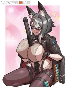 1girl animal_ear_fluff animal_ears asymmetrical_sidelocks benelli_m4 black_hair blue_eyes breasts commission gun hand_on_own_chest implied_paizuri ko_baumann large_breasts long_sidelocks lunatic_club medium_hair mole mole_under_eye multicolored_hair original seiza shotgun sidelocks signature sitting sparkle tail thigh_strap thighhighs tongue tongue_out tongue_up uncommon_stimulation weapon white_streaks wolf_ears wolf_girl wolf_tail
