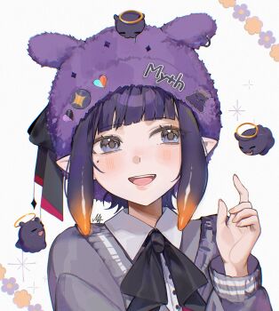 1girl adapted_costume ani_019 beanie black_bow black_bowtie blue_eyes blunt_bangs blush bow bowtie collared_shirt commentary english_commentary fang gradient_hair grey_sweater halo hand_up hat highres hololive hololive_english looking_to_the_side mole mole_under_eye multicolored_hair ninomae_ina&#039;nis ninomae_ina&#039;nis_(school_uniform) official_alternate_costume official_alternate_hairstyle open_mouth orange_hair pointy_ears portrait purple_hair purple_hat shirt short_hair sidelocks smile solo sweater takodachi_(ninomae_ina&#039;nis) teeth tentacle_hair upper_body upper_teeth_only v-neck virtual_youtuber white_background white_shirt