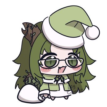 1girl blush_stickers capelet character_request chibi chibi_only commentary commission copyright_request dress english_commentary fang full_body fur-trimmed_capelet fur-trimmed_dress fur-trimmed_headwear fur_trim glasses green_capelet green_dress green_eyes green_hair green_hat hat highres holding holding_sack horns icy_artzy long_hair long_sleeves meme open_mouth padoru_(meme) sack santa_costume santa_hat simple_background slit_pupils smile solo vgen_commission white_background