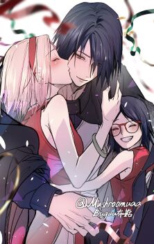 1boy 2girls arm_around_waist bangle bare_shoulders black_cloak black_hair blush boruto:_naruto_next_generations bracelet child cloak closed_eyes couple dress family father_and_daughter glasses grin hair_over_one_eye hairband haruno_sakura hetero highres hug jewelry kiss kissing_cheek light_smile looking_at_another mother_and_daughter multiple_girls mushroomuaa naruto_(series) parted_bangs pink_hair red_dress red_hairband short_hair smile streamers teeth twitter_username uchiha_sarada uchiha_sasuke upper_body