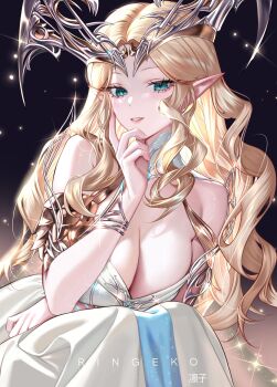 1girl absurdres arms_under_breasts artist_name bare_shoulders blonde_hair breasts cleavage commentary dark_background dress eirlys_(watcher_of_realms) gradient_background hand_up highres large_breasts leaning_forward long_hair looking_at_viewer parted_lips pointy_ears ringeko-chan sitting smile solo watcher_of_realms white_dress