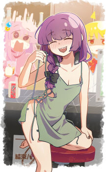 Rule 34 | 3girls, @ @, absurdres, bare shoulders, black nails, blonde hair, blush, bocchi the rock!, braid, breasts, cleavage, closed eyes, cube hair ornament, dress, drunk, gotoh hitori, green dress, haihara yuuya, hair ornament, highres, hiroi kikuri, ijichi nijika, long hair, medium breasts, multiple girls, no bra, no panties, open mouth, outdoors, pink hair, purple hair, red eyes, sharp teeth, side-tie dress, teeth