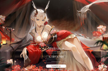 1girl absurdres andoff bare_shoulders black_dress black_hair black_horns blue_eyes breasts chinese_commentary cleavage closed_mouth collarbone commentary_request dragon_girl dragon_horns dragon_tail dress earrings feet_out_of_frame flower frilled_dress frills gradient_hair hair_ornament hand_fan highres holding holding_fan horns jewelry large_breasts legs light_smile long_sidelocks long_sleeves looking_at_viewer lying multicolored_dress multicolored_hair off_shoulder on_side original pointy_ears red_dress red_flower sidelocks tail thighs two-tone_hair white_dress white_hair wide_sleeves