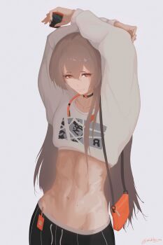 1girl absurdres alternate_costume arms_up bag black_choker black_shorts cellphone choker cropped_shirt girls&#039;_frontline grey_background highres holding holding_phone long_sleeves looking_at_viewer midriff navel nishibuya orange_eyes phone scar scar_across_eye scar_on_face shirt shorts shoulder_bag signature simple_background smartphone solo ump45_(girls&#039;_frontline) white_shirt