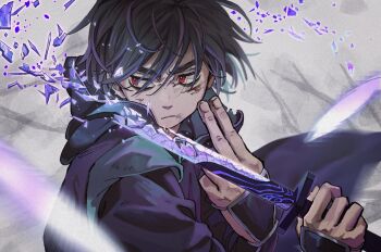 Rule 34 | 1boy, bags under eyes, bare tree, black hair, blood, blood on face, cape, closed mouth, commentary request, highres, holding, holding sword, holding weapon, hood, hood down, long sleeves, purple cape, purple robe, red eyes, robe, scissor seven, seven (scissor seven), shards, short hair, sword, t en1 0, thick eyebrows, tree, weapon