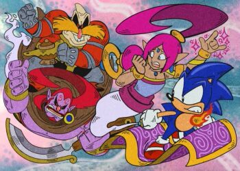 1990s_(style) 1girl 3boys :/ adventures_of_sonic_the_hedgehog age_difference animal_ears animal_nose antenna_hair artist_name artist_request back_bow bare_shoulders black_sclera blue_eyes blue_fur bow breasts brown_cape cape clenched_hands collarbone colored_sclera colored_skin dark_skin dr._eggman earrings erazor_djinn evil_eyes facial_tattoo fat fat_man fire floating full_body genie gloves highres holding holding_weapon jewelry looking_at_another looking_back magic magic_carpet middle_finger multiple_boys muscular necklace open_mouth pink_bow pink_hair pointy_ears purple_skin red_eyes retro_artstyle ring shahra short_hair simple_background smile sonic_(series) sonic_and_the_secret_rings sonic_the_hedgehog standing strapless tattoo teamwork tube_top weapon white_gloves wide-eyed