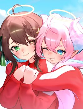 2girls absurdres ahoge blue_eyes blue_hair blue_sky blush bow braid brown_eyes brown_hair chibidoki_(vtuber) colored_inner_hair cross-shaped_pupils day demon_horns dxnyana green_bow green_eyes hair_bow hair_ornament halo heterochromia highres horns hug hug_from_behind indie_virtual_youtuber long_hair medium_hair meica_(vtuber) mismatched_pupils multicolored_hair multiple_girls one_eye_closed pink_hair pointy_ears red_track_suit sky smile smirk sprout-shaped_pupils squid_craft_games star_(symbol) star_hair_ornament symbol-shaped_pupils thick_eyebrows track_suit twitch_rivals virtual_youtuber