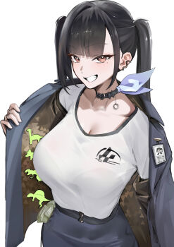 1girl :d absurdres banknote black_bra black_choker black_hair black_jacket black_skirt blunt_bangs bra bra_visible_through_clothes breasts brown_eyes choker cleavage collarbone commentary cowboy_shot ear_piercing goddess_of_victory:_nikke grey_background grin hand_up heart heart_in_eye high-waist_skirt highres huge_breasts id_card jacket jewelry long_hair looking_at_viewer mole mole_under_eye money off_shoulder open_clothes open_jacket open_mouth opened_by_self pendant_choker piercing ring shirt shirt_tucked_in simple_background skirt smile solo sora_(nikke) standing symbol_in_eye toy toy_dinosaur twintails underwear white_shirt zhenhi_(jinil_0611)