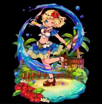 bare_shoulders bike_shorts black_background blonde_hair blue_eyes breasts brown_sandals cleavage clenched_teeth dagger dual_wielding fence fiorina_(merc_storia) flower front-tie_top full_body hair_flower hair_ornament highres holding holding_dagger holding_knife holding_weapon house knife medium_breasts merc_storia merc_storia_art_team miniskirt navel official_art one_eye_closed palm_tree red_flower reverse_grip sandals see-through_clothes see-through_skirt short_sleeves simple_background skirt smile solo standing standing_on_one_leg tachi-e teeth tree v-shaped_eyebrows water weapon wooden_fence wristband