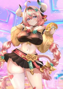 1girl ahoge animal_ears aqua_hair bandaid bandaid_on_leg black_skirt breasts bright_pupils closed_mouth cow_ears cow_horns cow_tail food genshin_impact hair_between_eyes highres holding holding_food horns large_breasts long_hair long_sleeves looking_at_viewer miniskirt multicolored_hair nakura_haru navel pink_hair purple_eyes single_thighhigh skirt smile solo standing stomach taco tail thighhighs varesa_(genshin_impact) very_long_hair white_pupils white_thighhighs