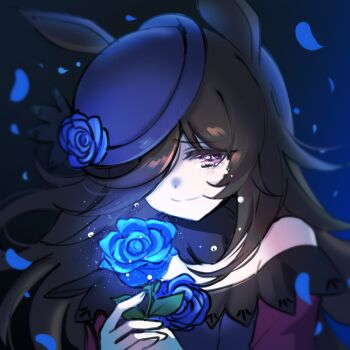 1girl animal_ears bare_shoulders black_hair blue_background blue_flower blue_hat blue_rose closed_mouth commentary crying crying_with_eyes_open dress english_commentary flower flying_teardrops hair_over_one_eye hat hat_flower highres holding holding_flower horse_ears horse_girl long_hair looking_at_flowers off-shoulder_dress off_shoulder one_eye_covered parted_bangs petals purple_eyes rice_shower_(rosy_dreams)_(umamusume) rice_shower_(umamusume) rose ryuuxin sad_smile smile solo tears tilted_headwear umamusume upper_body