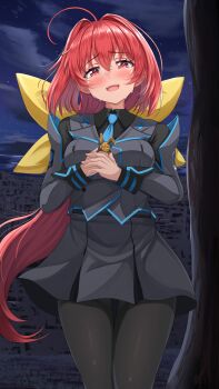 1girl absurdres ahoge black_pantyhose black_shirt blue_necktie blush bow breasts crying crying_with_eyes_open doll grey_jacket grey_skirt hachi7515 hair_bow hair_intakes highres holding holding_doll jacket kagami_sumika long_hair looking_at_viewer low_ponytail medium_breasts military military_uniform muv-luv muv-luv_alternative necktie open_mouth pantyhose ponytail red_eyes red_hair shirt skirt smile solo tears teeth thigh_gap thighs tree un_uniform_(muv-luv) under_tree upper_teeth_only very_long_hair yellow_bow