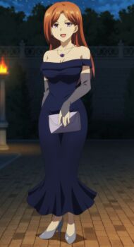 1girl anime_screenshot bag bare_shoulders blue_dress breasts bridal_gauntlets brown_hair cleavage collarbone collared_dress dress earrings eva_renfield formal_clothes full_body handbag high_heels highres jewelry large_breasts lips lipstick makeup nageki_no_bourei_wa_intaishitai necklace open_mouth purple_eyes stitched third-party_edit wide_sleeves