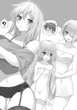3girls ? ahoge blush bra breasts claire_(konosuba) collarbone cowboy_shot darkness_(konosuba) faceless faceless_male garter_straps greyscale hair_between_eyes hair_over_one_eye highres holding holding_towel iris_(konosuba) kono_subarashii_sekai_ni_shukufuku_wo! large_breasts long_bangs long_hair long_sidelocks long_sleeves mishima_kurone monochrome multiple_girls naked_towel non-web_source novel_illustration official_art open_mouth panties parted_lips raised_inner_eyebrows short_hair sidelocks simple_background small_breasts smile speech_bubble standing sweat thighs towel tsurime underwear undressing v-shaped_eyebrows very_long_hair